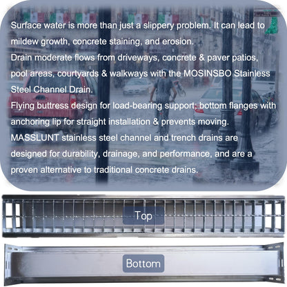 TIANYAMAI 304 Stainless Steel Channel Drain with Galvanized Steel Grate 39.4x5.9x5.5 in, B-Class 28100 lbs Heavy-Duty Drain Kit for 3" Pipe, Trench Drainage System for Outdoor, Driveway, Garage 2pcs