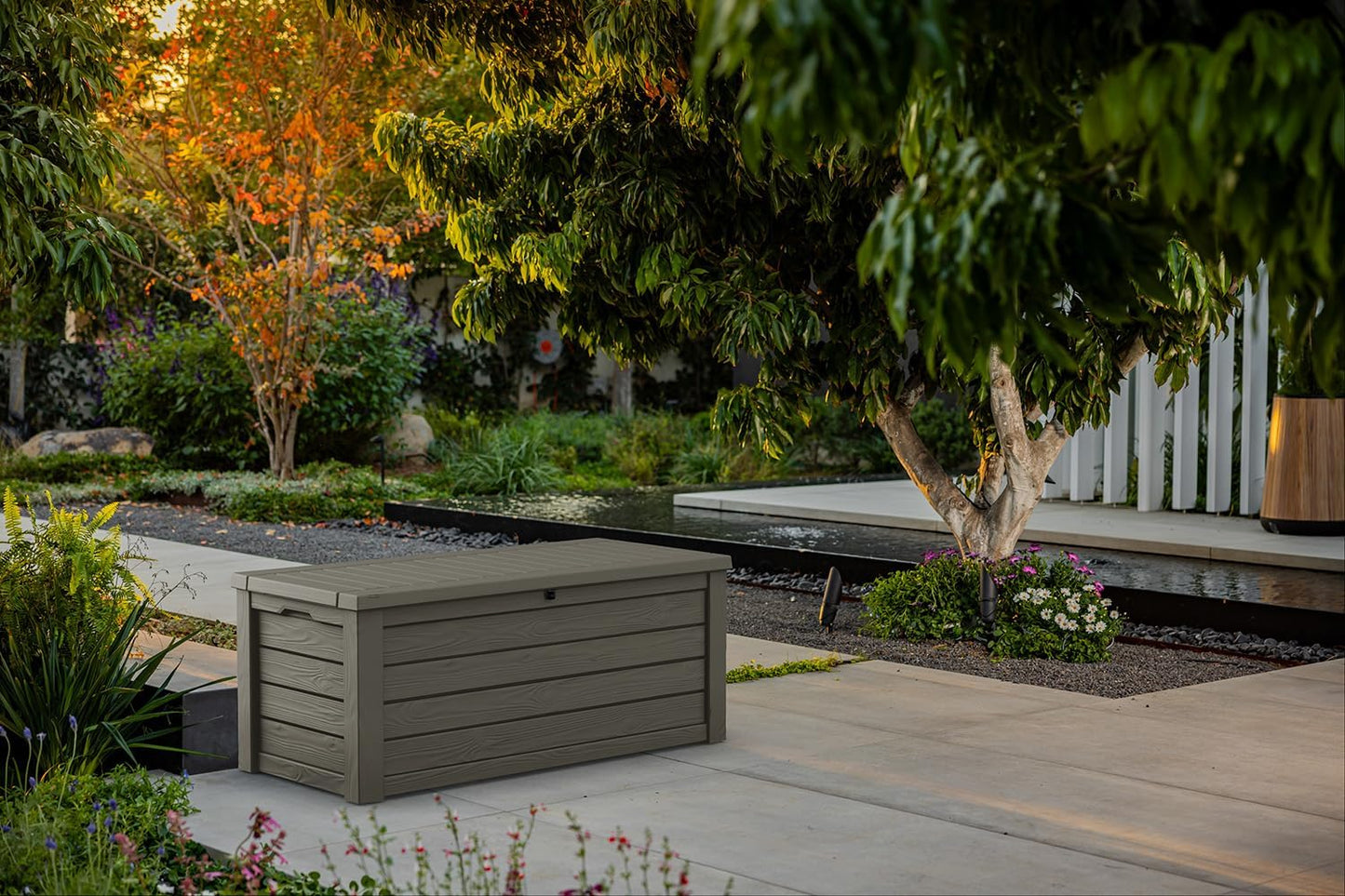 Keter Westwood 150 Gallon Resin Outdoor Storage Box - Ideal for Patio Furniture & Garden Tools | Taupe
