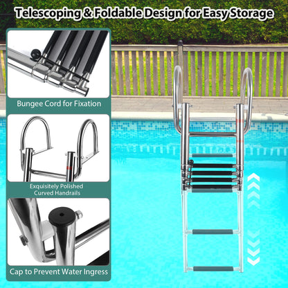 4 Step Boat Ladder, Stainless Steel Pontoon Ladder Heavy Duty with Pedal Hand Railing, Telescoping Boat Ladder Folding for Boat Yacht Dock Swimming Pool