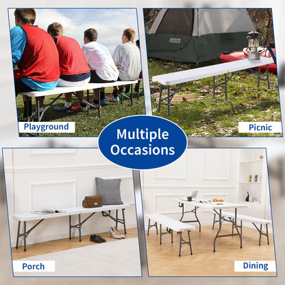 KAIHAOWIN 6FT Plastic Folding Bench White with Carrying Handle Indoor/Outdoor Portable Seat for Picnic, Camping, Dining, Party- 2 Pack