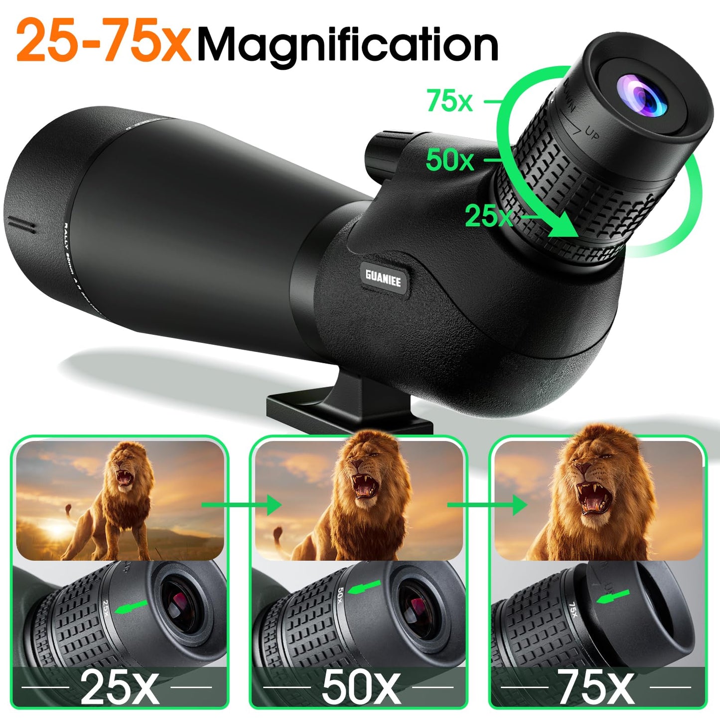 GUANIEE 25-75x80 Spotting Scope for Target Shooting with Full Size Tripod Carrying Bag and Phone Adapter Spotter Scope for Bird Watching, Wildlife Viewing Mud
