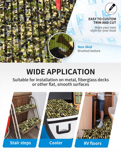 OCEANBROAD Self-Adhesive 96''x47'' Camouflage Boat Flooring Strip Cut Grooves EVA Foam Sheet Non-Slip Traction Pad for Boats Decking Surfboard SUP Paddle Board Kayak, Camo Green