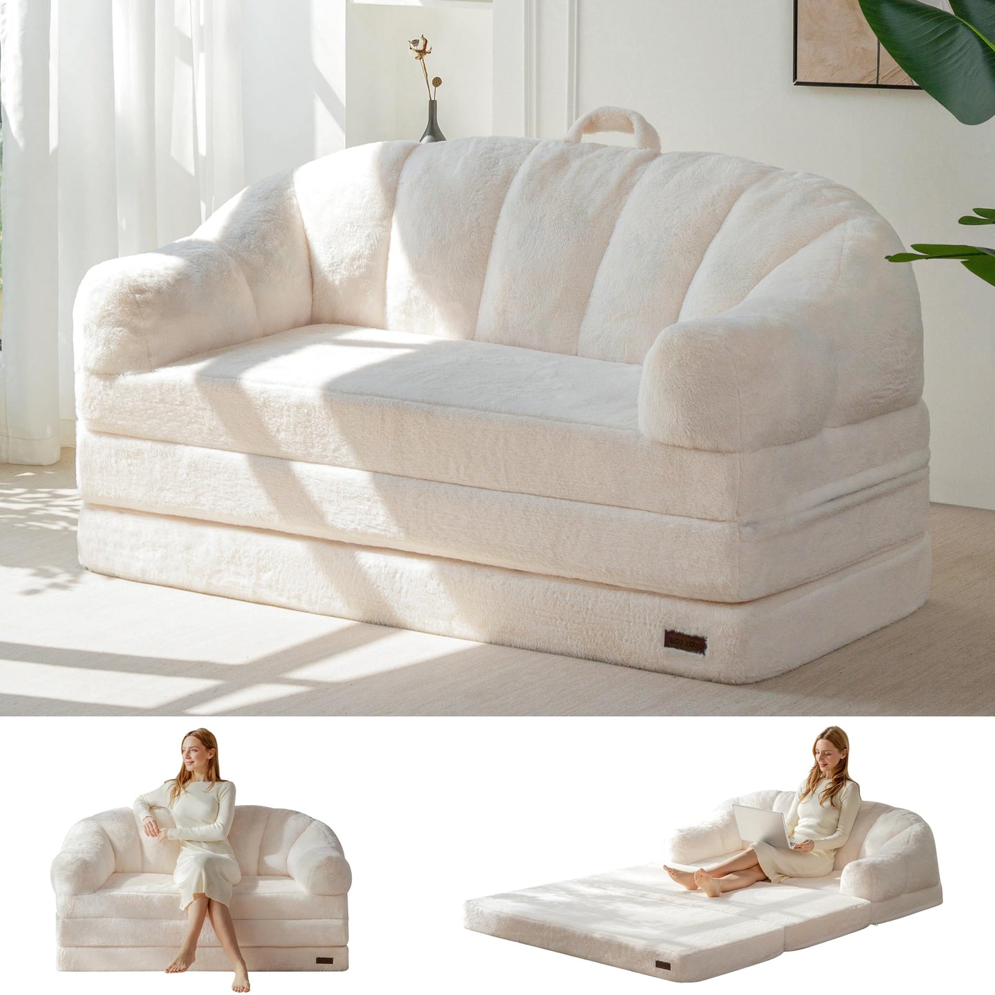 MAXYOYO Folding Sofa Bed, 2 in 1 Convertible Sofa to Lounger Comfy Loveseat Bean Bag Chair for Adults, Floor Couch with Handle, Faux Fur Couch Bed for Living Room Bedroom, Beige, Loveseat