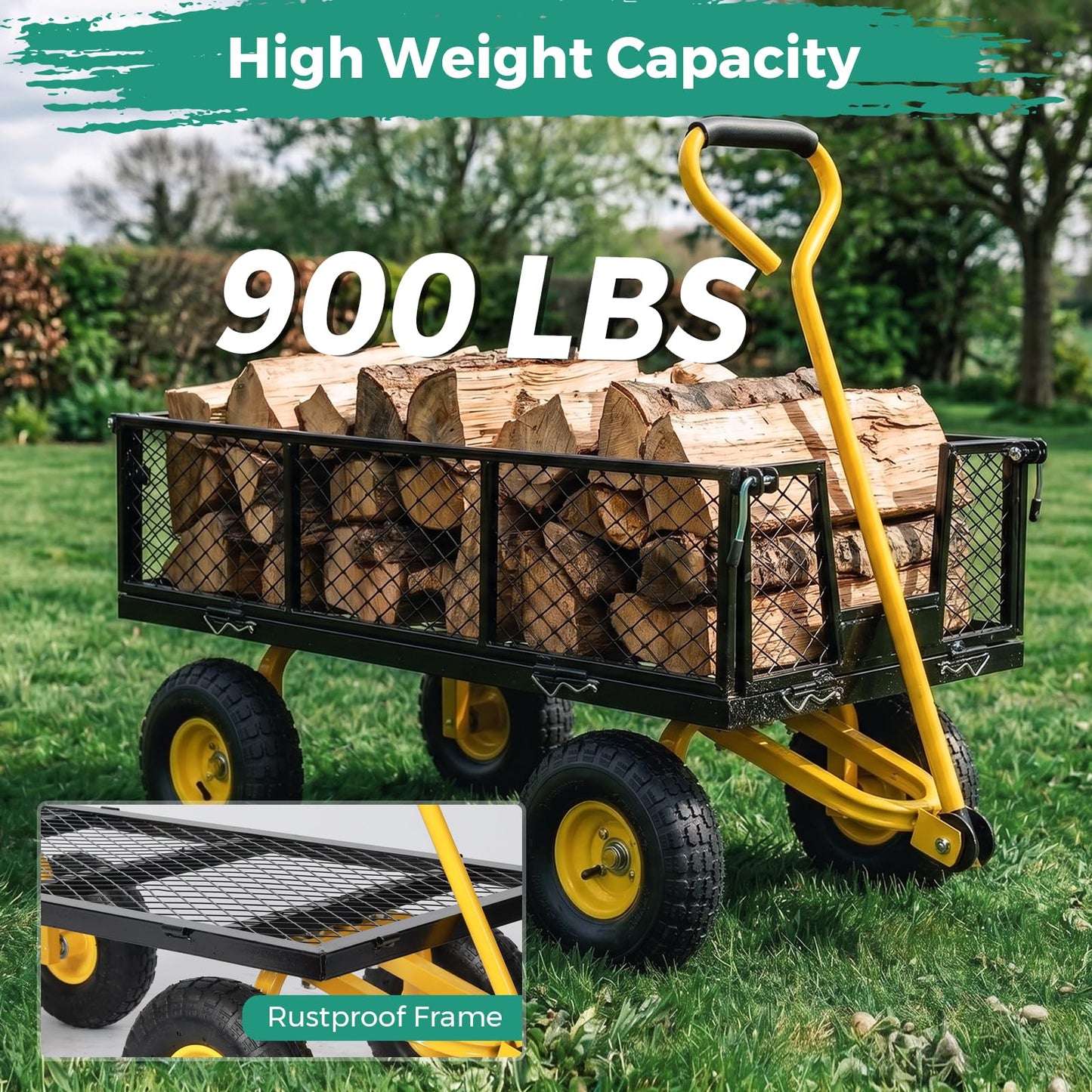 SUNNYFEEL 900 LBS Heavy Duty Steel Garden Cart, Utility Garden Wagon Cart with 10" Flat-Free Wheels and Removable Sides, All Season Yard Cart with 180° Adjustable Handle