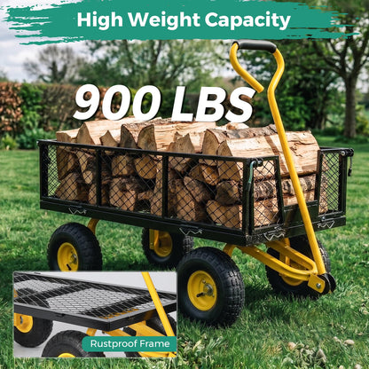 SUNNYFEEL 900 LBS Heavy Duty Steel Garden Cart, Utility Garden Wagon Cart with 10" Flat-Free Wheels and Removable Sides, All Season Yard Cart with 180° Adjustable Handle