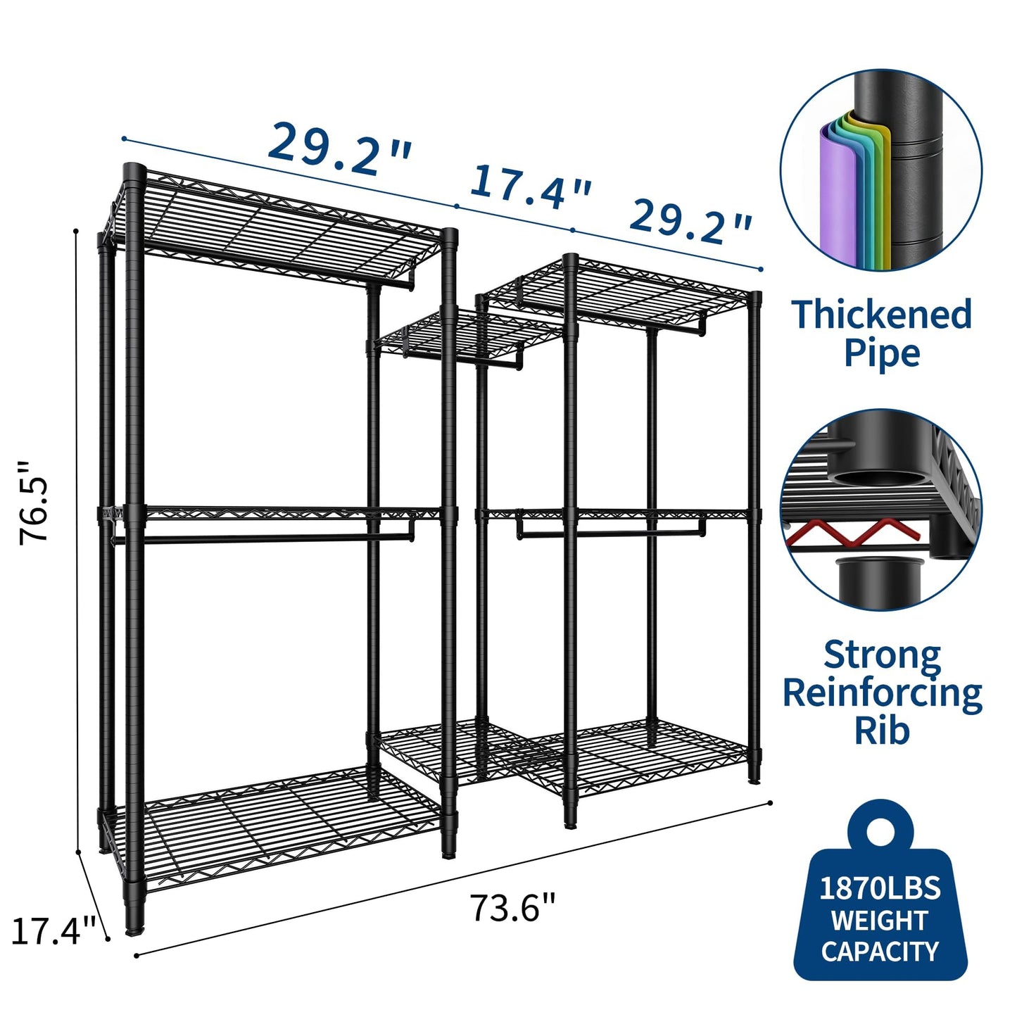 EliteEdge Freestanding Heavy Duty Garment Rack with Adjustable Shelves and Hanging Rods, Large 1870 Lbs Capacity Portable Closet Organizer for Bedroom or Cloakroom Storage, Black