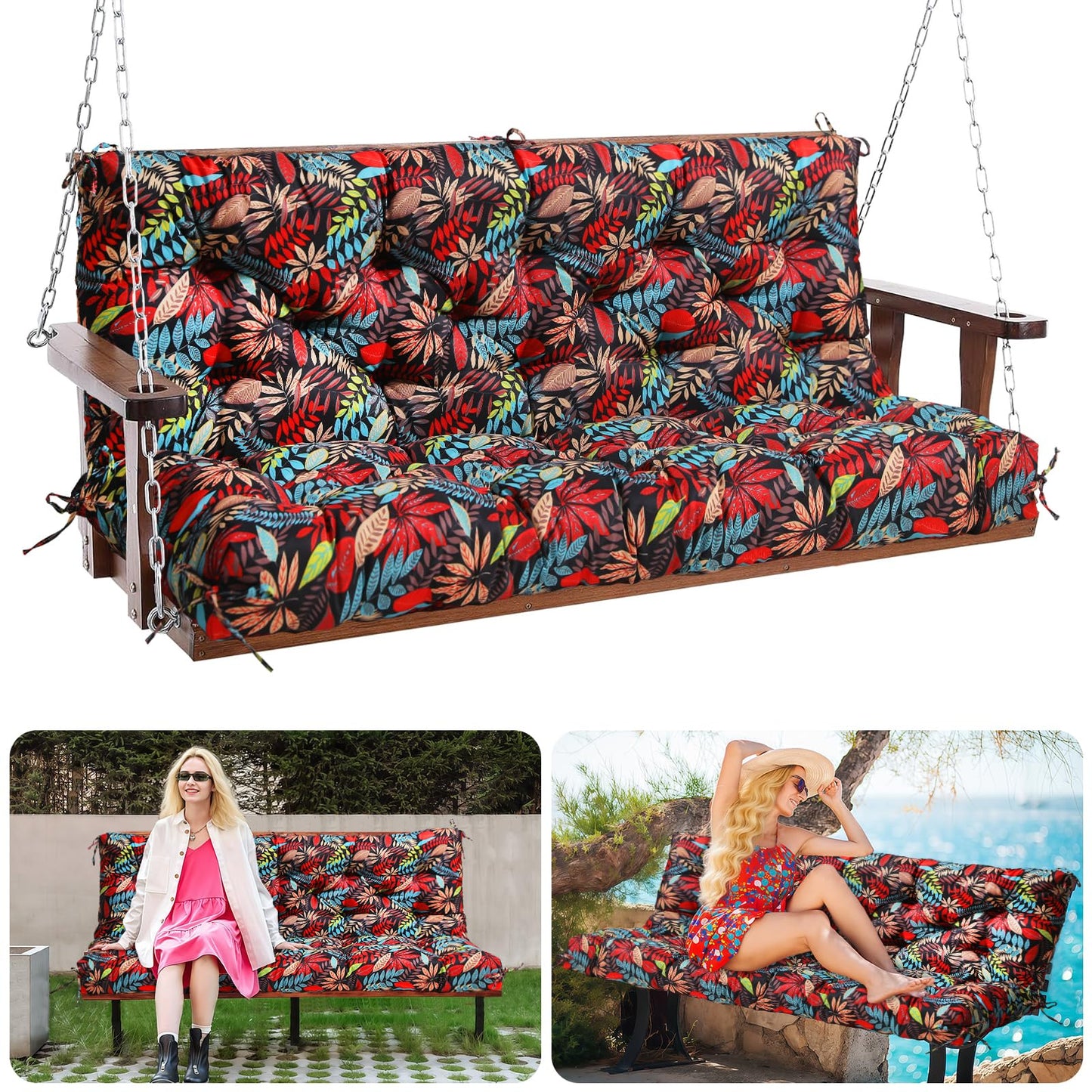 Mokoey Porch Swing Cushions 60 inch Bench Cushion Waterproof Outdoor Swing Cushions 3 Seater Thick 5in Replacement Swing Cushions for Outdoor Furniture Patio (Red Leaves-60x40 inch)