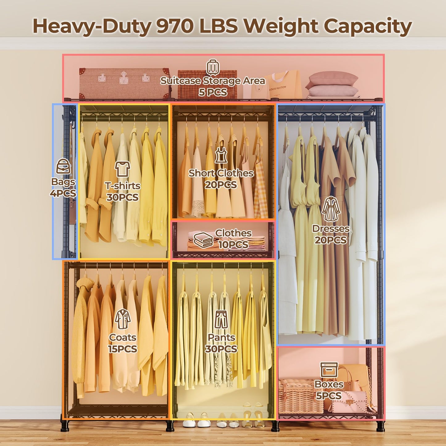 HYSEYY Portable Closet Heavy Duty Clothes Rack, Freestanding Clothing Racks for Hanging Clothes, Adjustable Garment Wardrobe Rack with 4 Hang Rods & Shelves ,73.6" L x 17.3" W x 76.4" H, Black