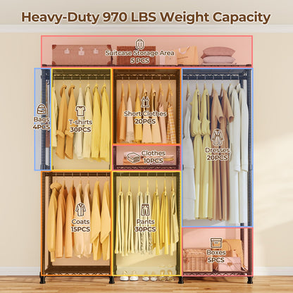 HYSEYY Portable Closet Heavy Duty Clothes Rack, Freestanding Clothing Racks for Hanging Clothes, Adjustable Garment Wardrobe Rack with 4 Hang Rods & Shelves ,73.6" L x 17.3" W x 76.4" H, Black