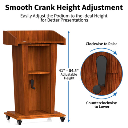 Tredre Wooden Podium Stand with Wheels, 41”–54.5” Height Adjustable Lectern, Mobile Podium with Crank Lift, Stable Base & Storage Shelf, Elegant Design for Churches, Classrooms and Conferences