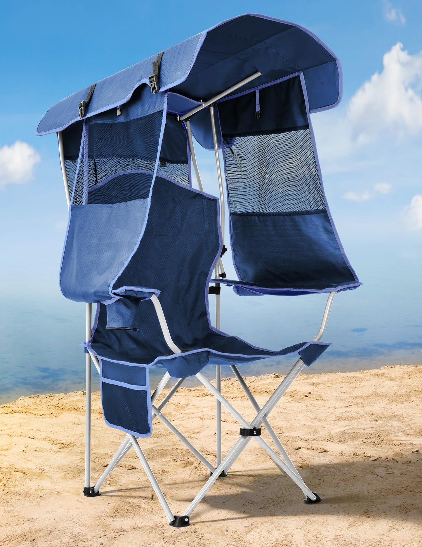 Docusvect 2 Pack Beach Chair with Canopy Shade, Folding Camping Chair with Canopy with Cup Holder, Side Pocket for Camp, Beach, Tailgates, Fishing - Support 330 LBS