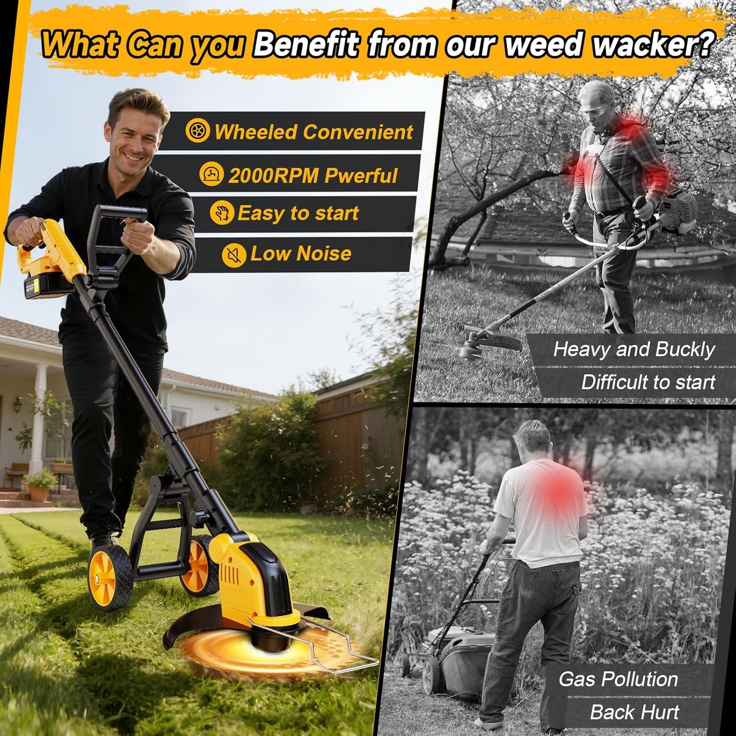 **Skiennix 20000 RPM Brushless Battery Weed Wacker - Heavy Duty Cordless Lawn Tool with 2 Batteries**