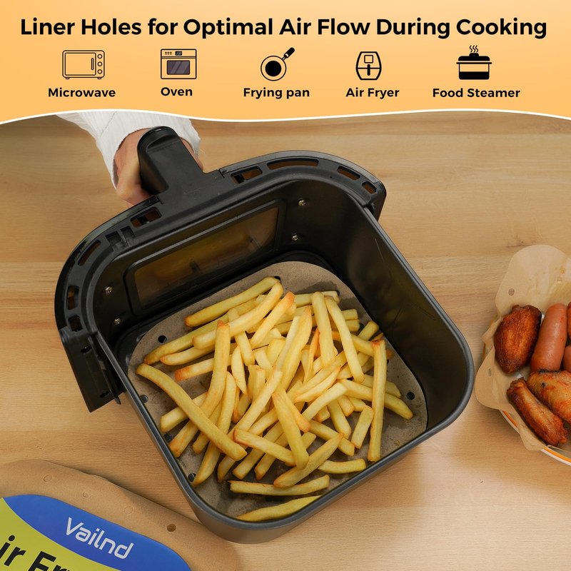 Vailnd Air Fryer Liners Disposable, 100pcs 8.5In Square Parchment Paper Sheets Unbleached, Perforated Food Steamer Liner for 5-8 Qt Air Fryers Baking Cooking Oven