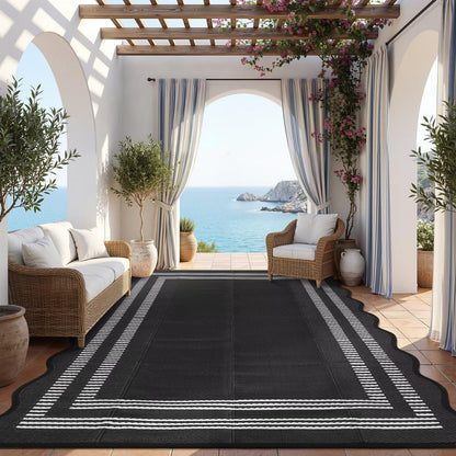 Garvee Waterproof Outdoor Rug 9x18, Scalloped Geometric Foldable Plastic Straw Patio Camping Rug, Outdoor RV Carpet for Deck Camper Porch Balcony Backyard Picnic Beach Black and White