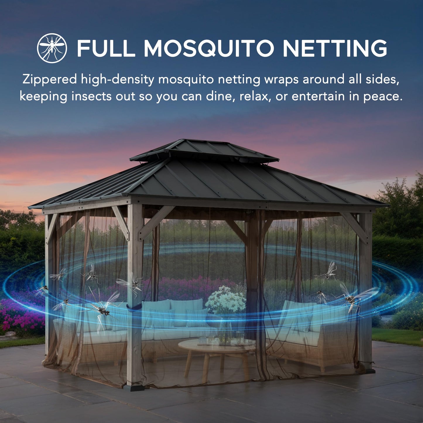 SUNJOY 10x12 Hardtop Wood Gazebo with Galvanized Steel Roof, LED String Lights & Mosquito Netting, Outdoor Permanent Pavilion Cedar Gazebo for Backyard, Garden, Patio, Deck, Lawn - Matte Black Roof