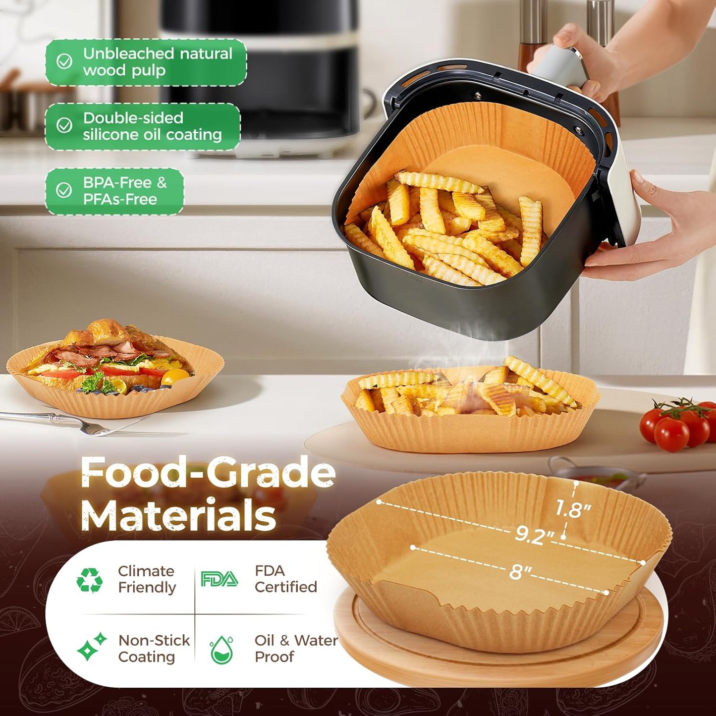 Air Fryer Liners - 150 Pcs 8" Square Unbleached Parchment Paper | Non-Stick & Waterproof for 5-8 QT Air Fryers