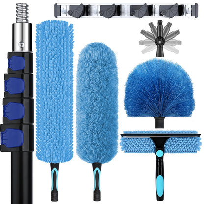 30ft High Ceiling Duster Kits with 5-24ft Heavy Duty Extension Pole - Fan Blade Cleaner, Cobweb Remover & Blue Window Squeegee Kit, Washable Dust Brush for High Roof and Glass Surfaces