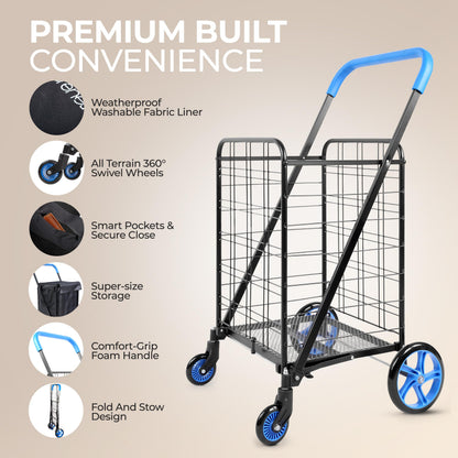 SereneLife Large Foldable Shopping Cart, 19" x 22.7" x 41" Collapsible Grocery Cart with 360° Swivel Wheels, Removable Weatherproof Liner, 110 lbs. Capacity, Convenient and Portable (Blue)