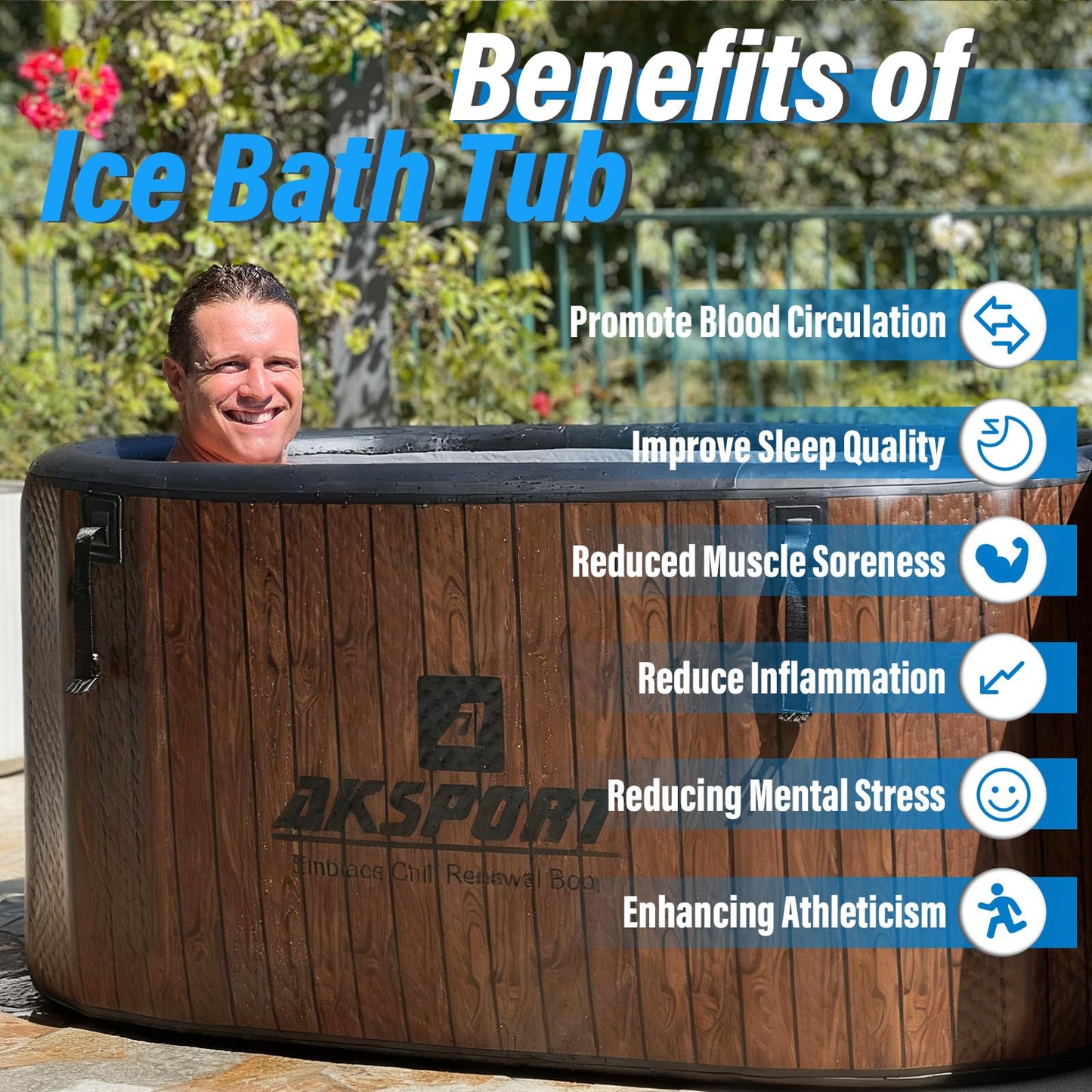 AKSPORT Ice Bath Tub for Athletes, 238 Gallons Inflatable Cold Plunge Tub Compatible with Water Chillers,Icebath for Recovery & Cold Water Therapy, Portable Bathtub for Indoor & Outdoor-Wood