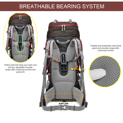 MOUNTAINTOP 80L Internal Frame Backpack for Man & Women Backpacking Hiking Backpack with Rain Cover,Maroon