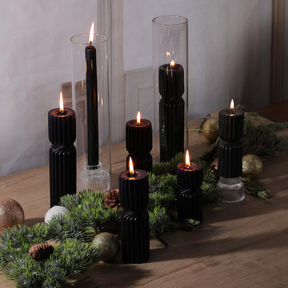 LETINE Black Sandalwood Pillar Candles Set of 3 - Decorative Ribbed Soy Wax Spiral Spire Candles for Home Decor, Bulk Scented Candles for Entryway Table, Living Room& Coffee Table Decor