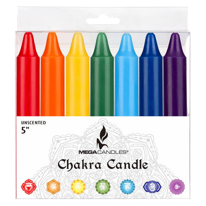 Mega Candles 7 pcs Unscented Straight Taper Chakra Candles, Hand Poured Premium Wax Candle 5 Inch x 3/4 Inch, 100% Cotton Wick, Positive Healing Energy, Meditation, Relaxation, Reiki, Yoga