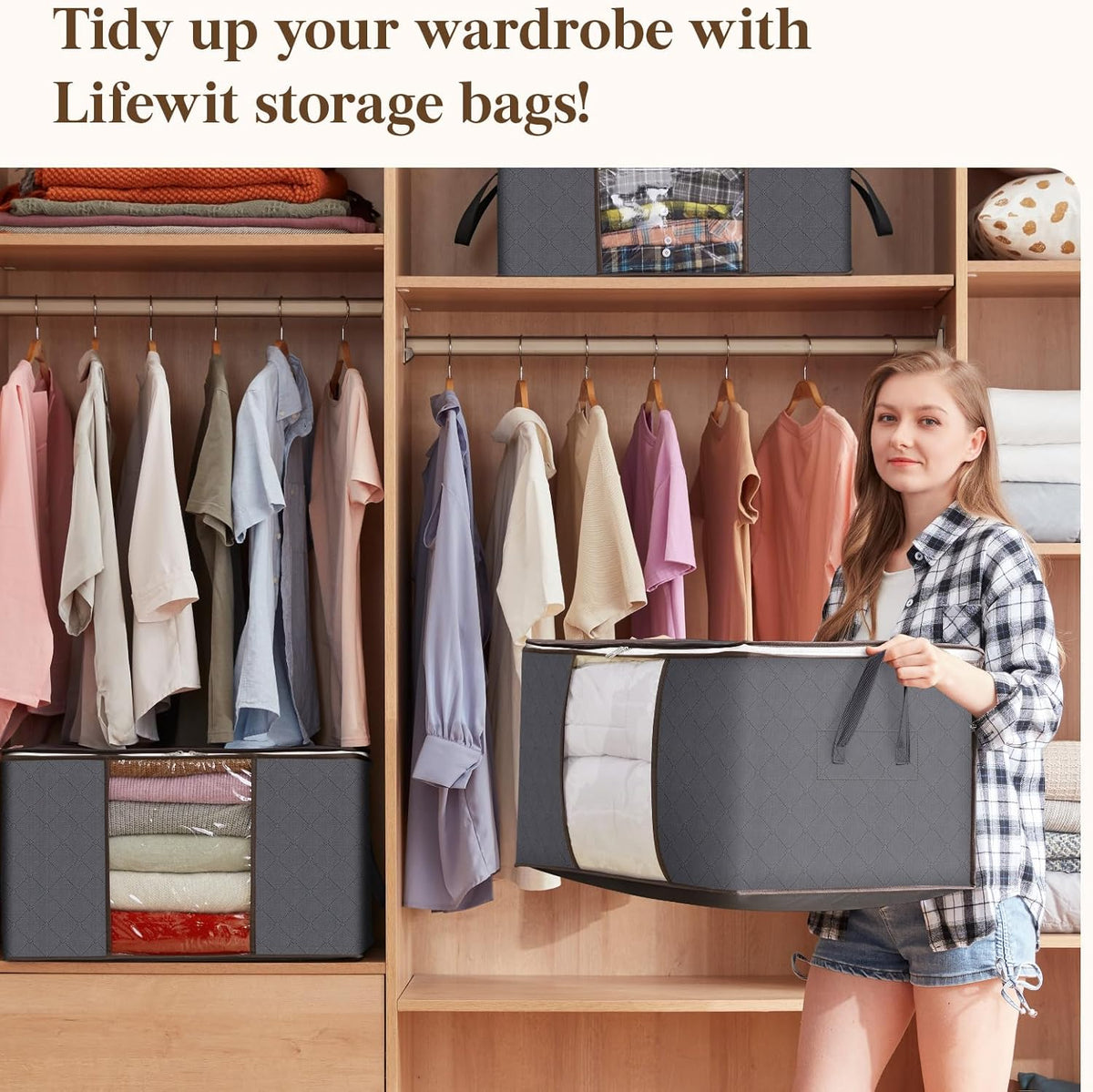 Lifewit 90L Clothes Storage Bins - 9 Pack Foldable Bags with Zippers & Clear Window for Easy Organization