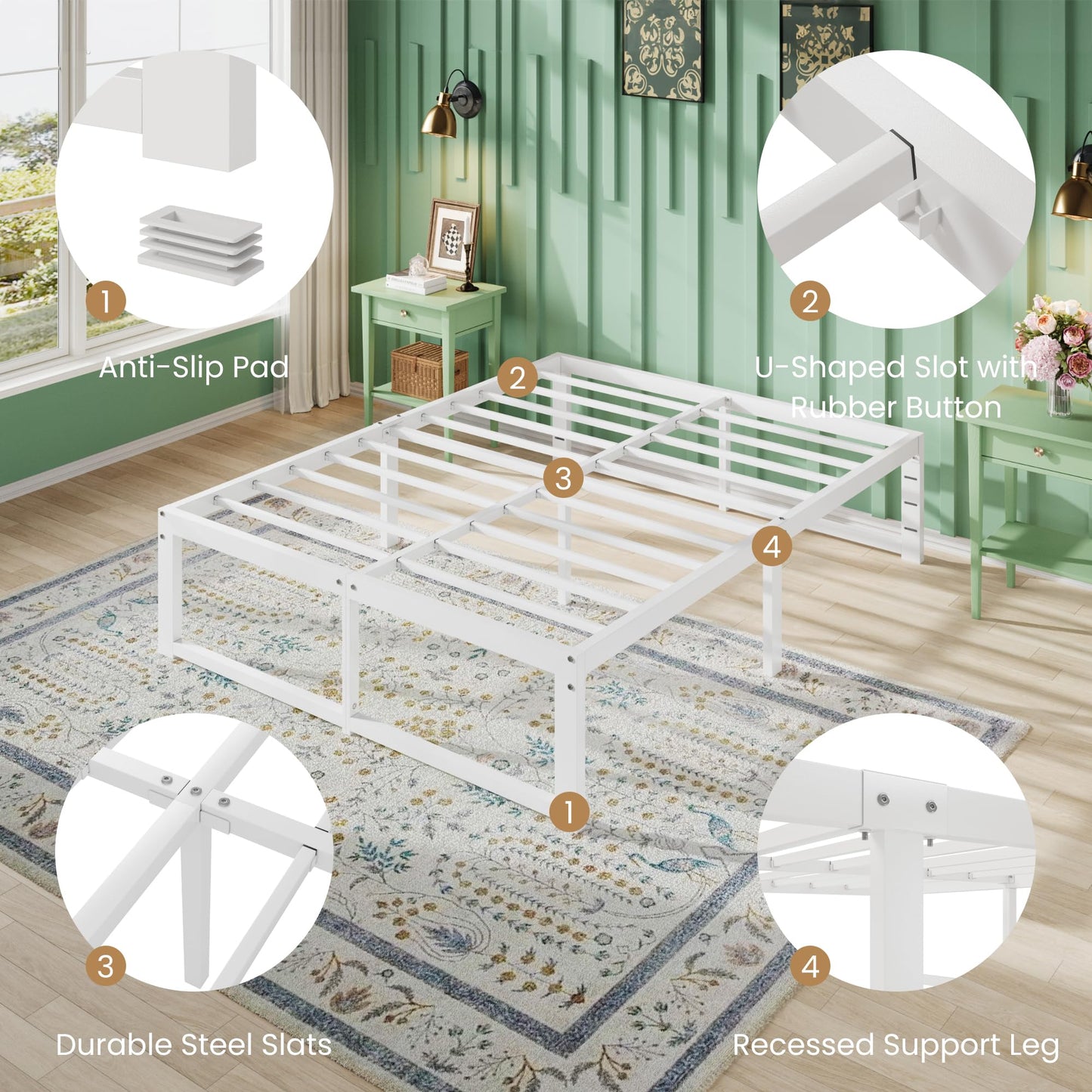 SHA CERLIN 14 Inch Heavy Duty Queen Bed Frame, 4000 lbs Capacity Metal Platform Beds with Reinforced Legs,No Box Spring Required,Easy Assembly,White