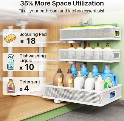 Kitstorack Under Sink Organizer - 2-Pack Adjustable Metal Cabinet Shelf | Slide-Out Storage for Kitchen & Bathroom