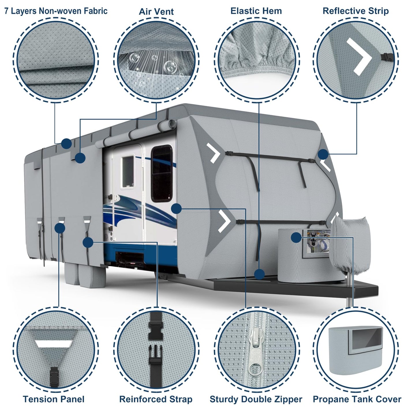 Mofeez Travel Trailer RV Cover, Extra-Thick Upgraded 7 Layers for Camper Cover 24'-27' Windproof Waterproof Rip-Stop RV Covers with 2Pcs Extra Straps & 4 Tire Covers