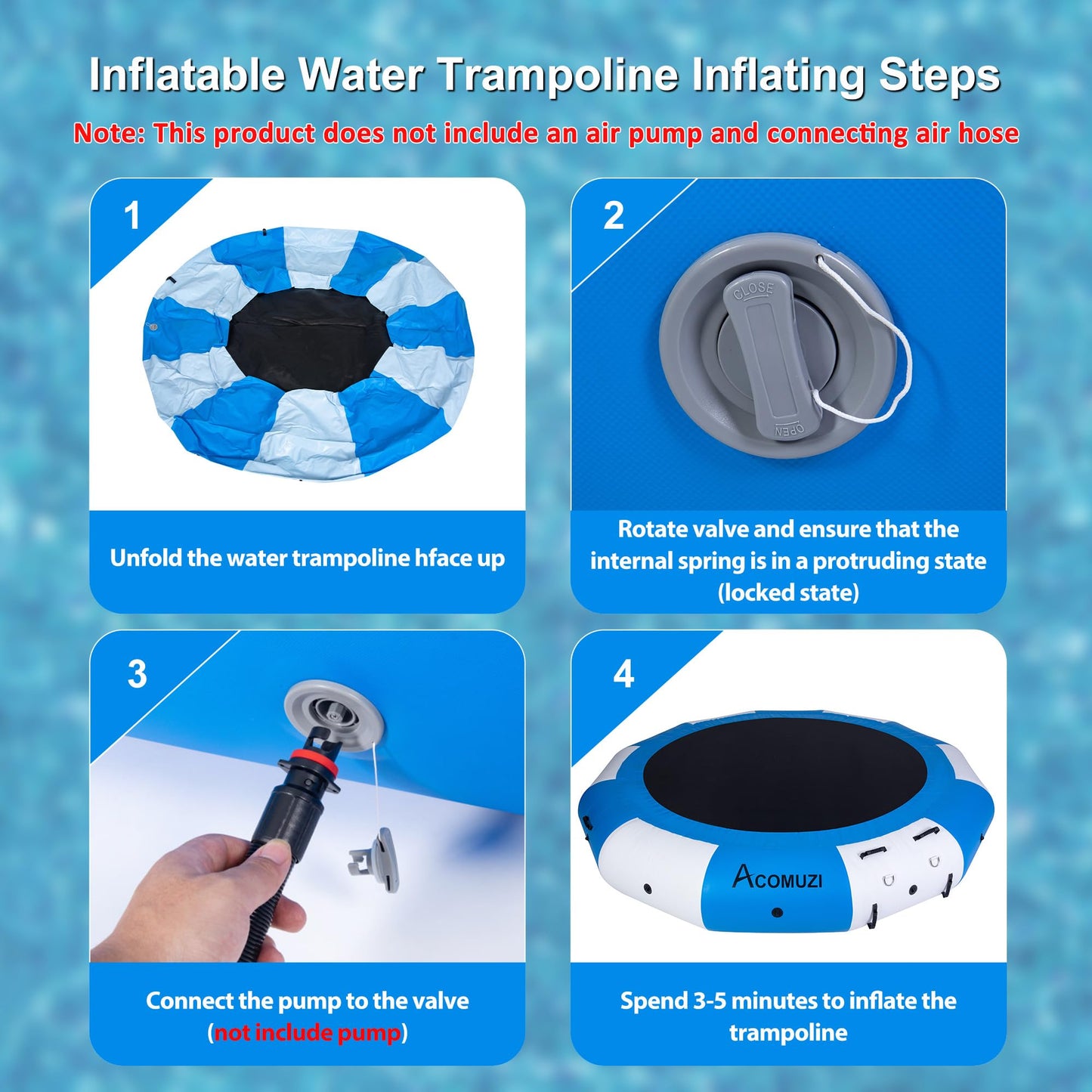 ACOMUZI Inflatable Water Trampoline for Lake Pool Ocean, 10FT/12FT/15FT Heavy Duty Floating Bounce Swim Platform with Ladder & Ropes, Inflatable Floating Dock for Family (NO Pump)