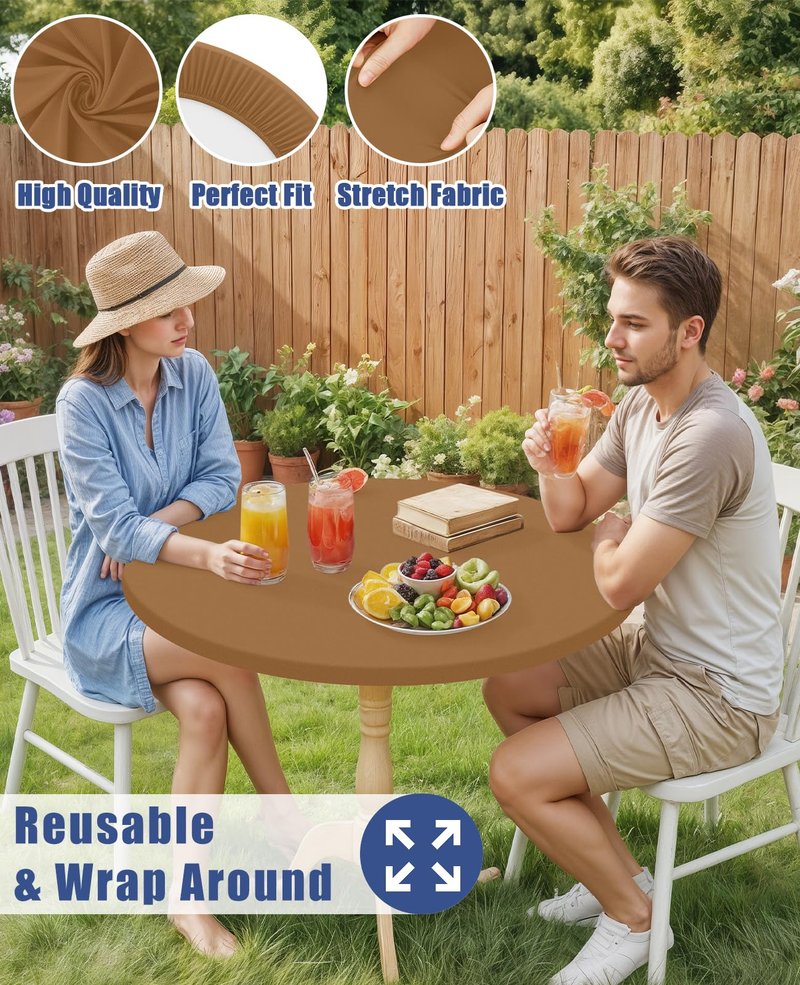 Moosfor Round Spandex Tablecloth, Elastic Fitted Waterproof Tablecloths for 31"-35" Tables, Stretch Washable Picnic Table Cover for Camping, Dining, Indoor and Outdoor,Brown