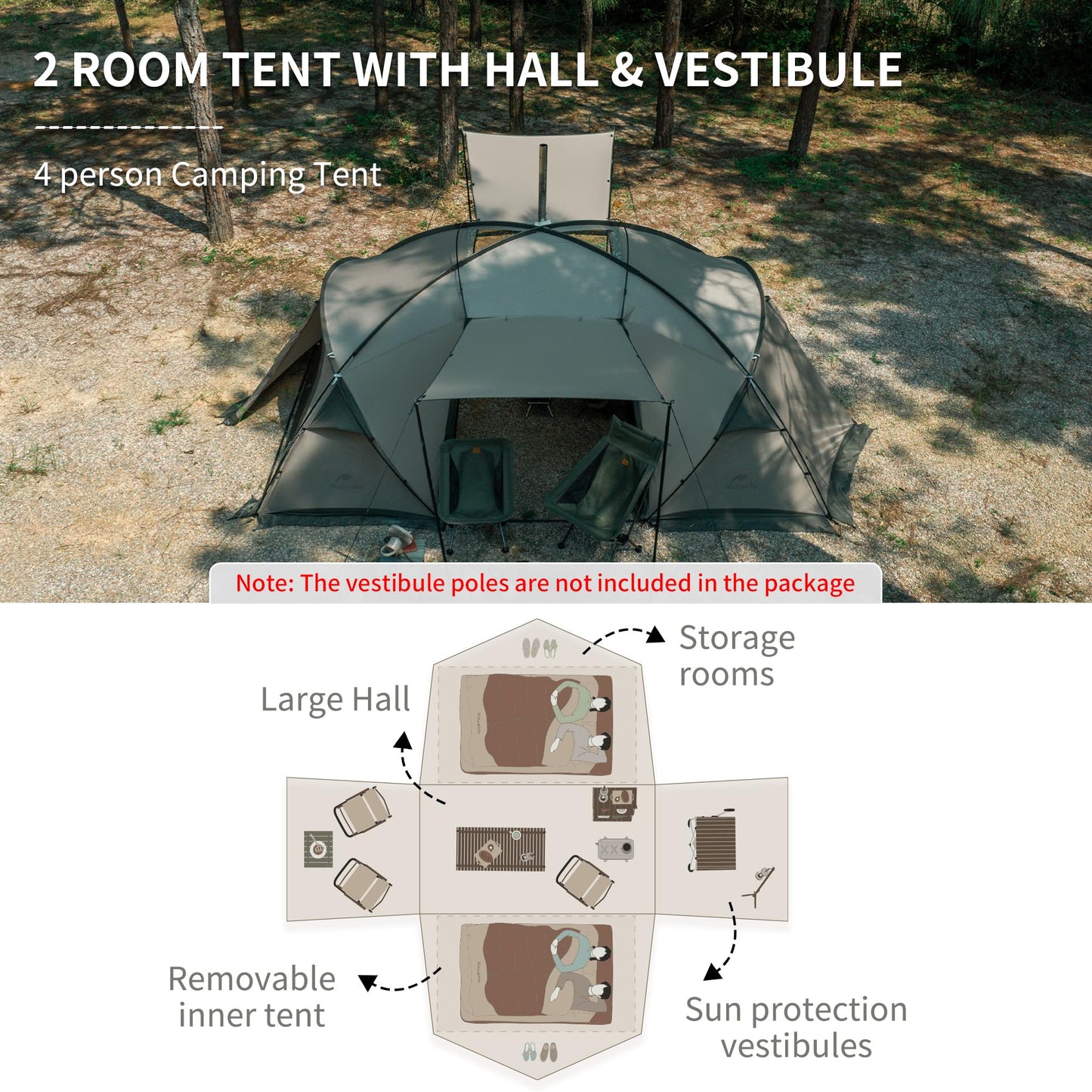 Naturehike Massif Hot Tent with Stove Jack, 4 Season Tent, 1/2/4 Person Camping Tent, UPF50+ Waterproof Windproof Winter Tents with Room and Hall