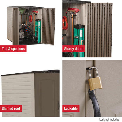 Rubbermaid Large Vertical Resin Outdoor Storage Shed With Floor (5 x 6 Ft), Weather Resistant, Brown, Organization for Home/Backyard/Garden Tools/Lawn Mower/Bike Storage/Pool Supplies