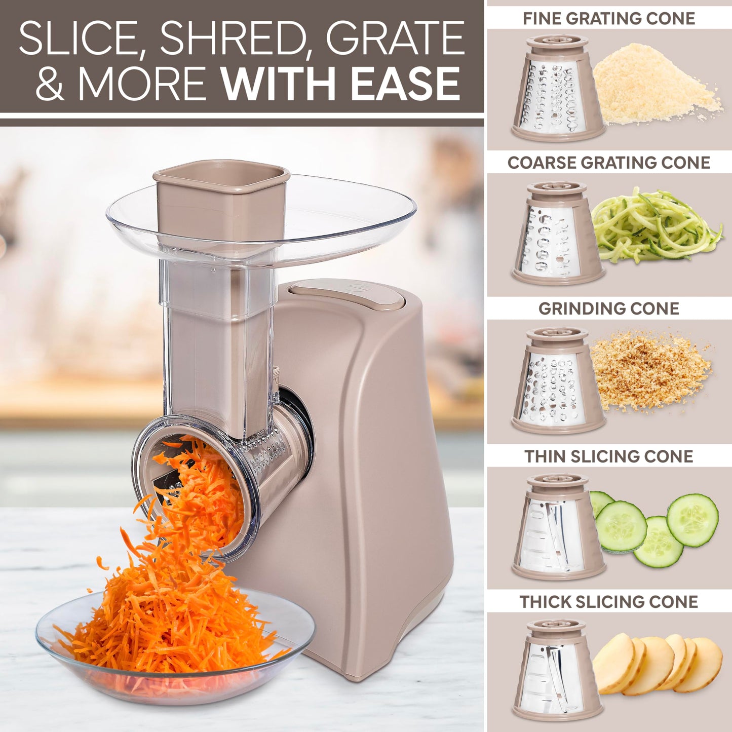 COOK WITH COLOR 5-in-1 Electric Slicer, 150W Food Prep Machine – Cheese Shredder, Fine & Coarse Graters, Potato Grater, Vegetable Slicer, Fruit, Salad Shooter, Compact Design For Bowl Prep, Blush