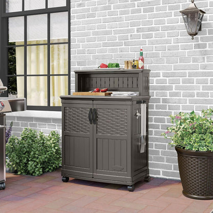 Suncast Patio Plastic Storage and Prep Station with Decorative Wicker Pattern and Multi Wall Panels for Patio, Garden, and Lawn Use, Stoney Gray