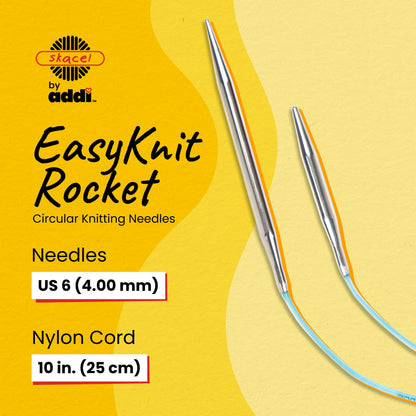 skacel by addi EasyKnit Rocket Circular Knitting Needles, 10 Inch (25 cm) Short Plated Brass Round Needle Set with Flexible Nylon Cord, 4 mm (US Size 6)