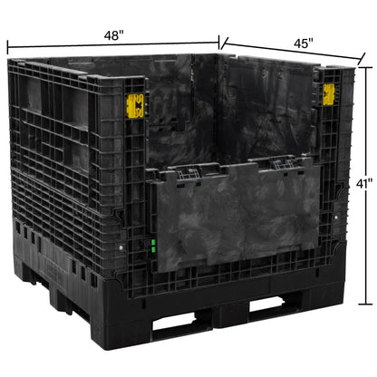 Buckhorn 48" x 45" x 41" Collapsible Bulk Box Container, Extra-Duty Plastic Stacking Gaylord Box with 4-Way Forklift Access and 2 Drop Doors, 1700 lb Capacity Storage Tote, Black (BR48454120)