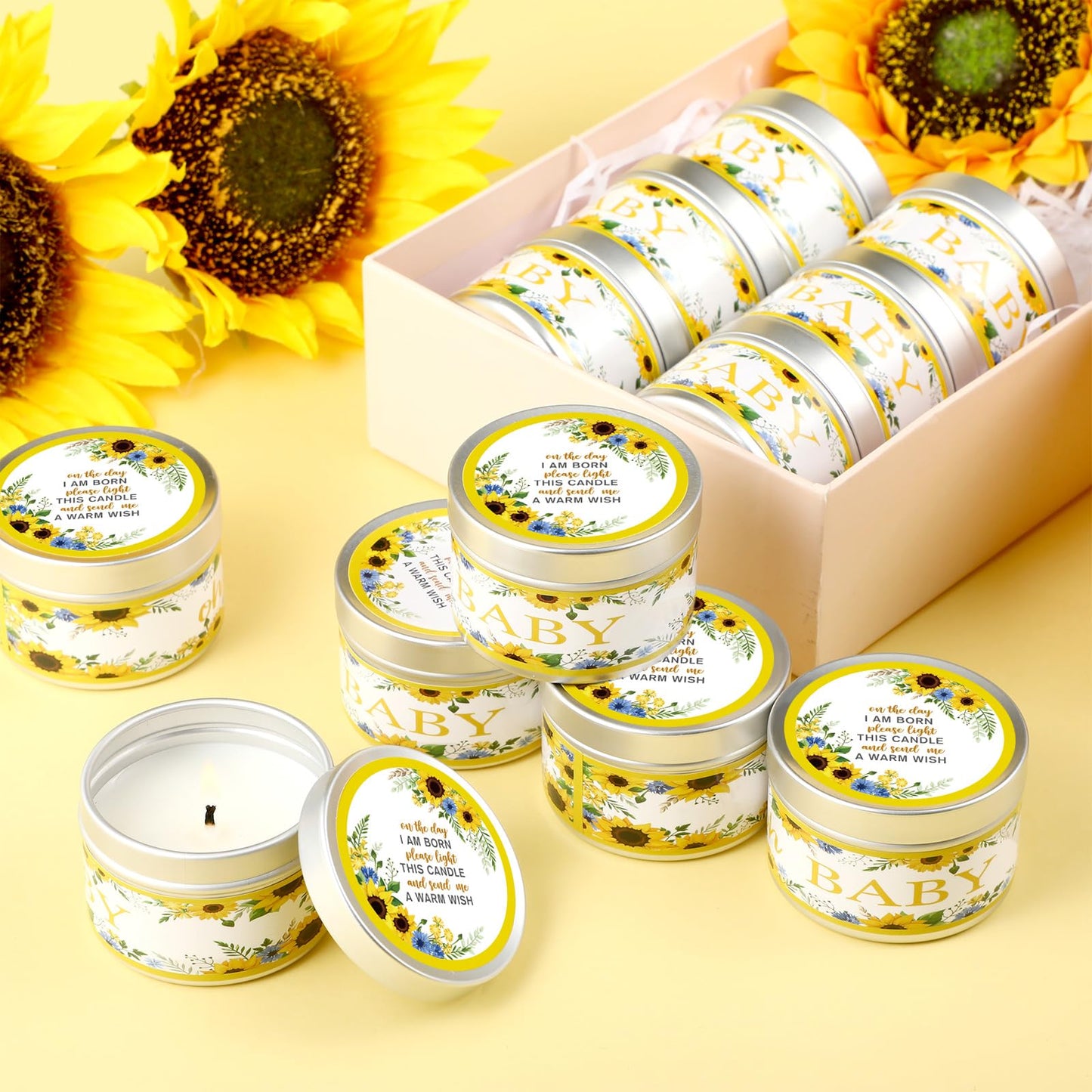 Funtery 12 Pcs Baby Shower Party Favors for Guests Baby Shower Candles Lavender Scented Candle Rustic Tealights Candles Gender Reveal Return Gifts(Sunflower)
