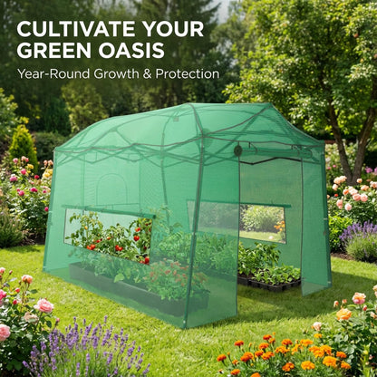 8.5 x 7 ft Pop-up Greenhouse, Walk-in Green House for Indoor Outdoor, Plant Garden Green House with Zippered Doors, Screen Windows, Heavy Duty Frame and Weather-Resistant Durable PE Cover