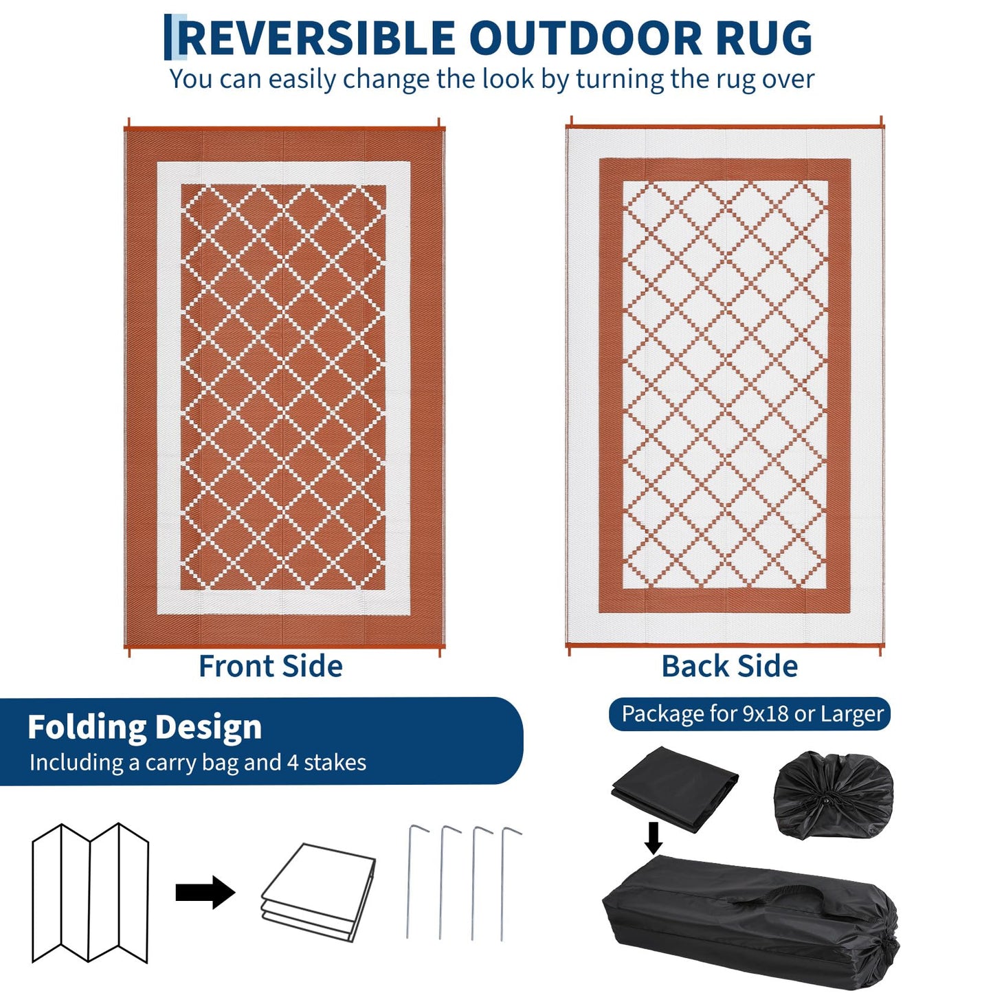 MilleLoom Patio Modern Geometric Outdoor Rug 10x14 Waterproof Large Reversible Camping Mat Foldable Lightweight Plastic Straw Outdoor Rug for Deck, Picnic, Porch, Camper, Balcony, Beach, Rv，Orange