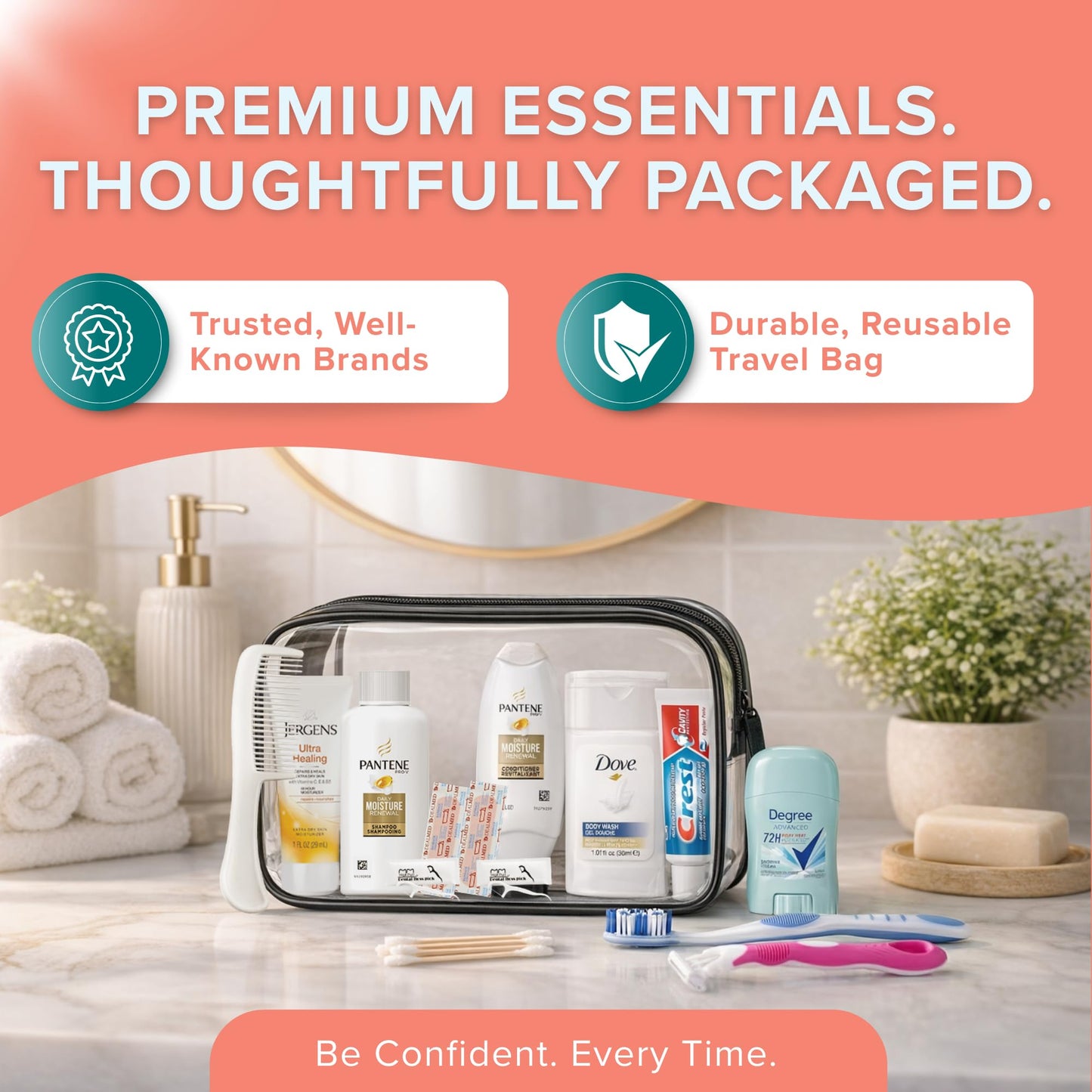 TrekTote Bulk Women’s Hygiene Kits 15 Piece Travel Toiletry Kit with Shampoo Conditioner Body Wash Lotion Deodorant Razor Toothbrush Toothpaste Comb Flossers Swabs Bandages Wipes