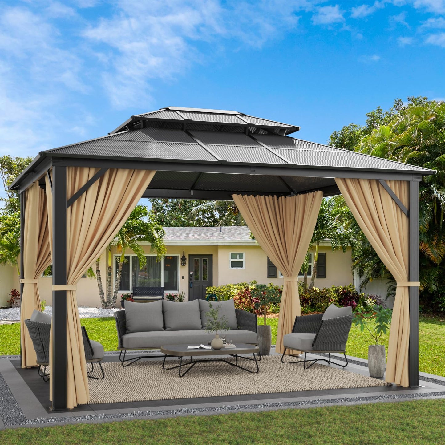 10' X 12' Hardtop Gazebo Canopy, Double Roof Canopy with Netting and Curtains, Outdoor Aluminum Frame Pergola, Heavy Duty Permanent Metal Pavilion for Patio Deck Backyard, Khaki