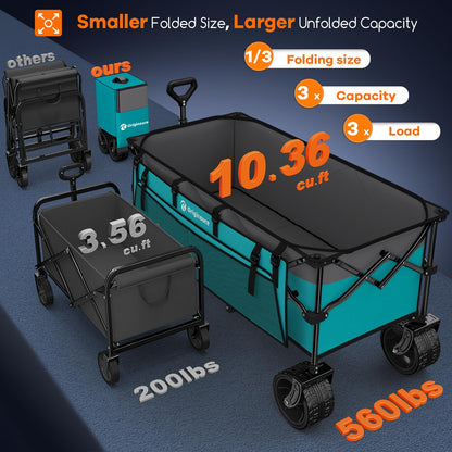 Originsure 48" L Collapsible Wagon Cart Foldable, 560lbs Weight Capacity 300L Heavy Duty Folding Beach Wagons with Big All-Terrain Wheels, Utility Carts for Groceries, Camping, Sports - Grey&Turquoise