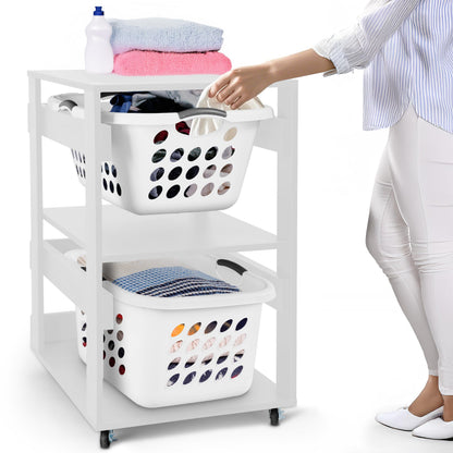 Laundry Basket Holder Shelf – Stackable Engineered Wood Laundry Tower with Wheels, Tiered Laundry Hamper Organizer for Bathroom, Bedroom, Closet (White, 2 Tier)
