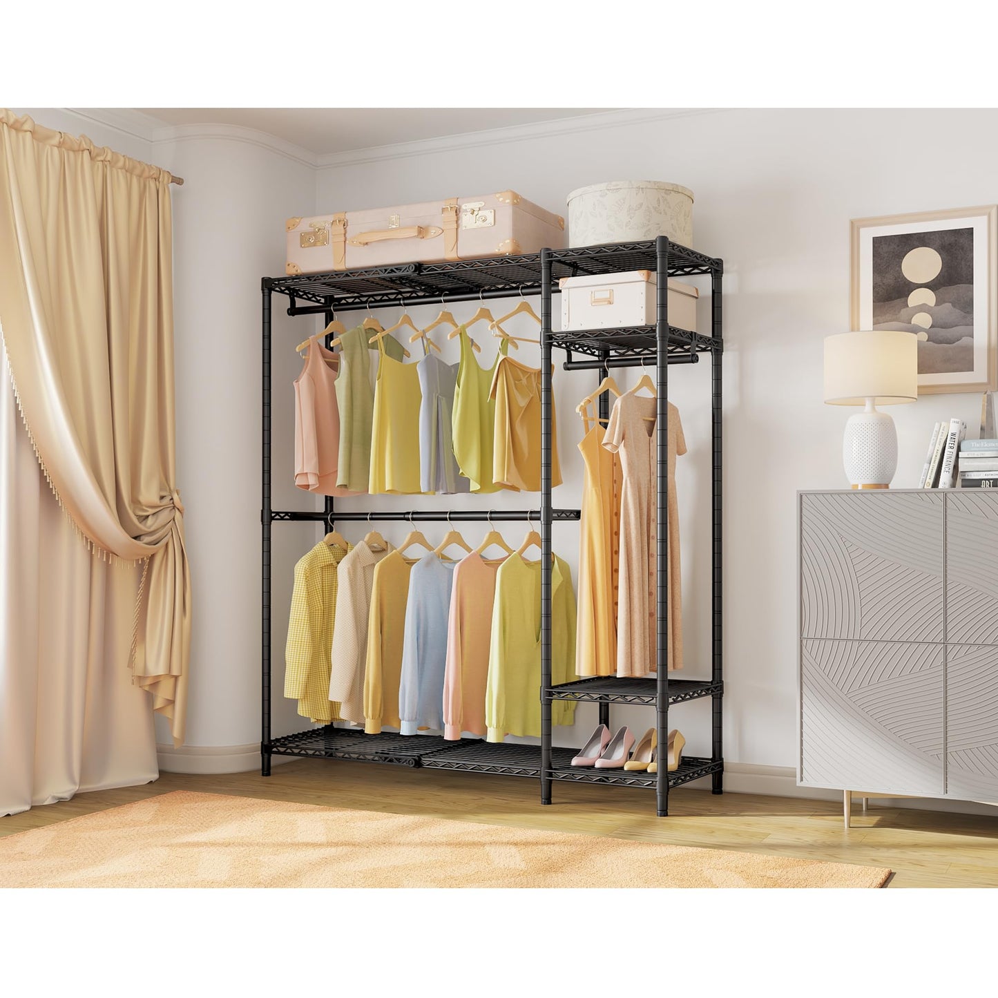 VIPEK X20 Expandable Metal Clothing Rack Adjustable from 3'3" to 4'8" Heavy Duty Garment Racks with Adjustable Shelves and Hanger Rods Portable Wardrobe Open Closet Rack System, Black