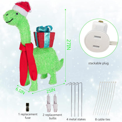 WATERGLIDE 27-Inch Lighted Christmas Dinosaur | Pre-Lit 3D Brachiosaurus Yard Decor with Gift Box