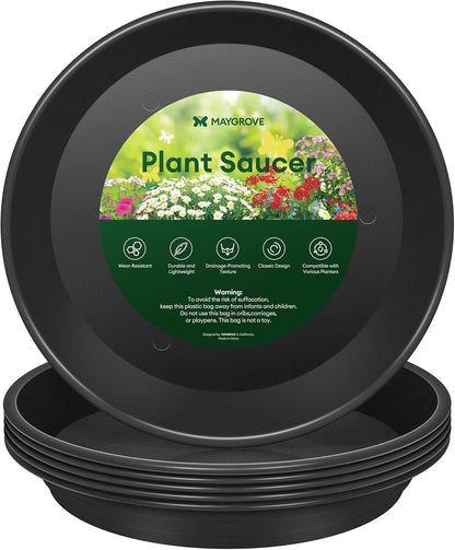 Maygrove Plant Saucers - Heavy Duty 6 Pack for Indoor & Outdoor Use | 8, 10, 12 Inch Black Trays