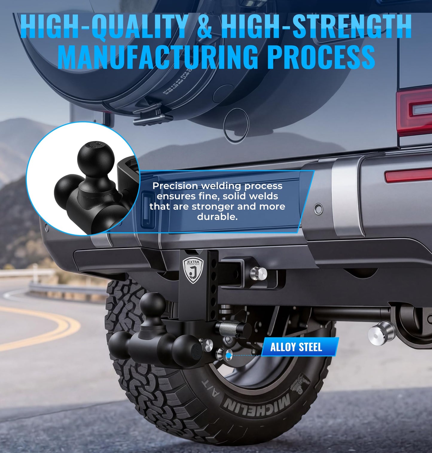 JEXTRA Adjustable Trailer Hitch Ball Mount, fits 2-1/2" Receiver Hitch, 5" Rise & Drop Hitch Tri-Ball (1-7/8" x 2" x 2-5/16"),12,500 LBS GTW Trailer Hitch with Double Anti-Theft Locking Pins Black