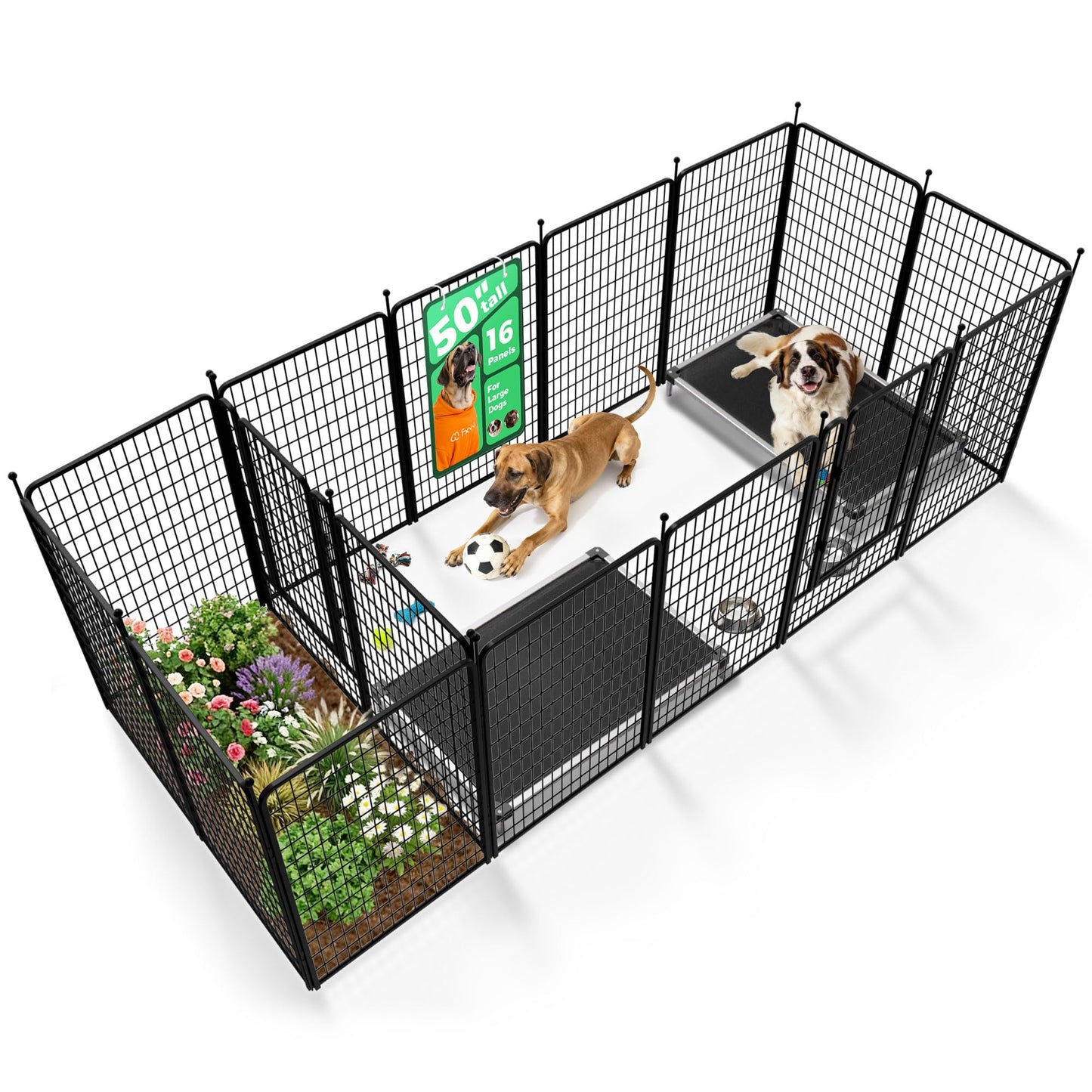 FXW Rollick Unleashed Dog Playpen for Indoor, Yard, RV Camping, 50 inch 16 Panels Dog Pen with Connectors (Pack of 2) for Large Dogs, Black│Patented